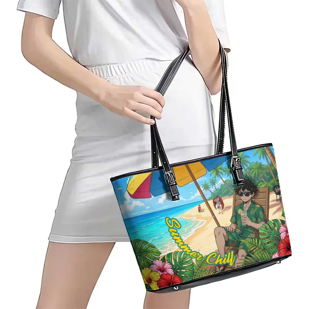 Midoriya Izuku Summer Chill Leather Tote Bag Tropical Anime Relaxation Scene