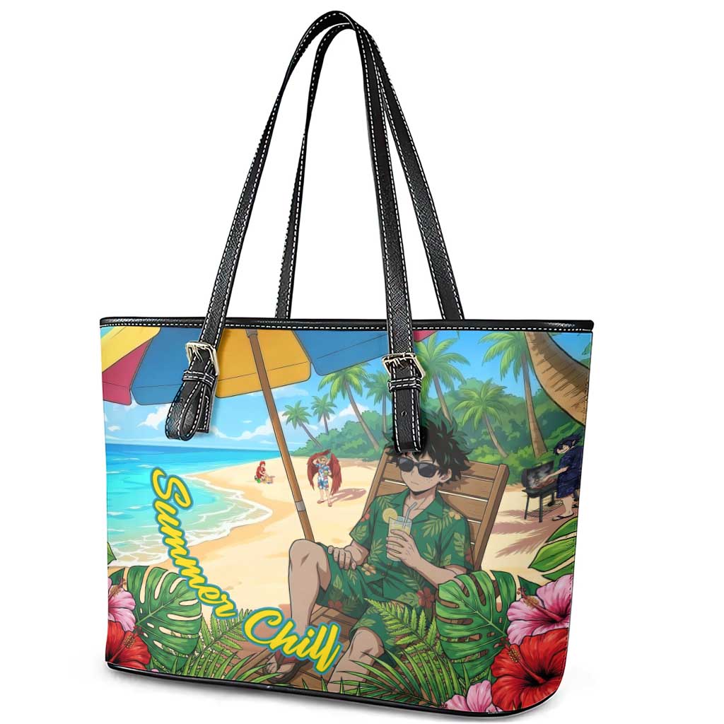 Midoriya Izuku Summer Chill Leather Tote Bag Tropical Anime Relaxation Scene