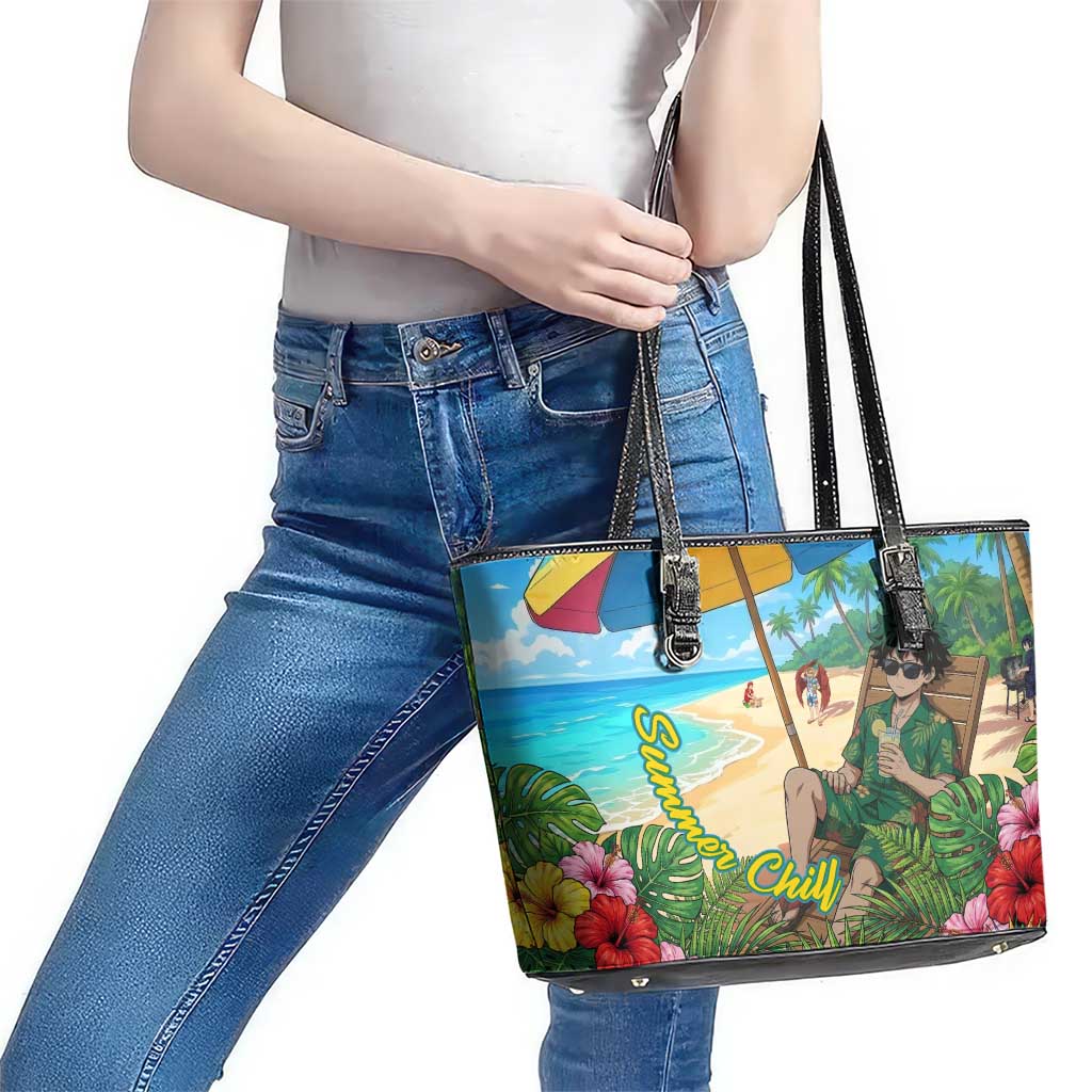 Midoriya Izuku Summer Chill Leather Tote Bag Tropical Anime Relaxation Scene