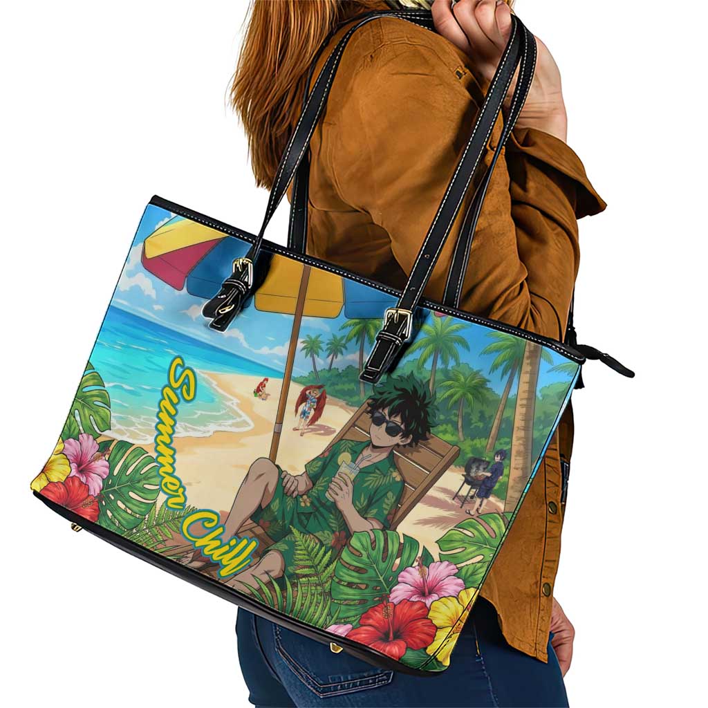 Midoriya Izuku Summer Chill Leather Tote Bag Tropical Anime Relaxation Scene