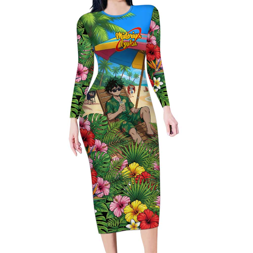 Midoriya Izuku Summer Chill Long Sleeve Bodycon Dress Tropical Anime Relaxation Scene