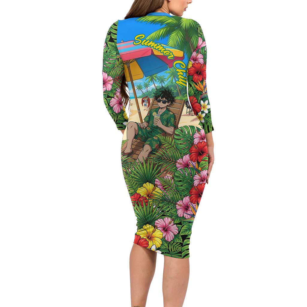 Midoriya Izuku Summer Chill Long Sleeve Bodycon Dress Tropical Anime Relaxation Scene