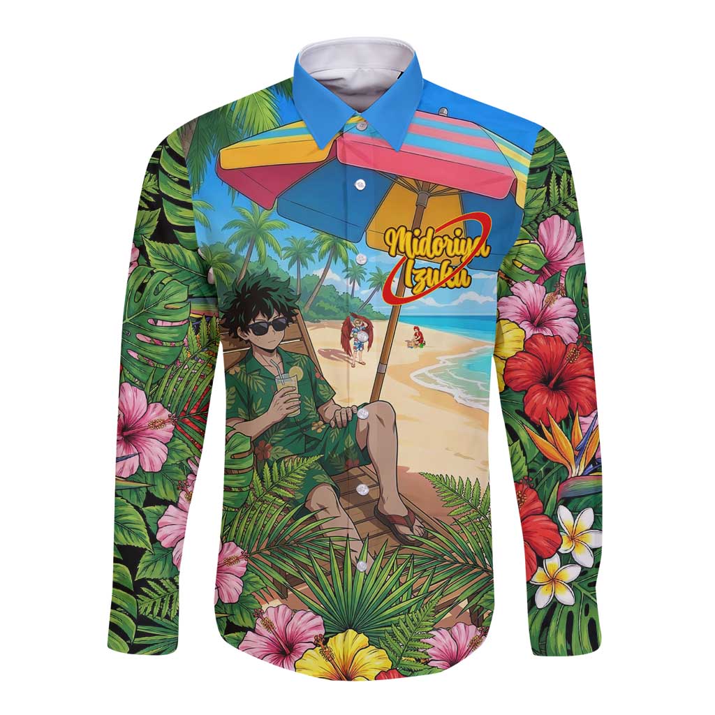 Midoriya Izuku Summer Chill Long Sleeve Button Shirt Tropical Anime Relaxation Scene