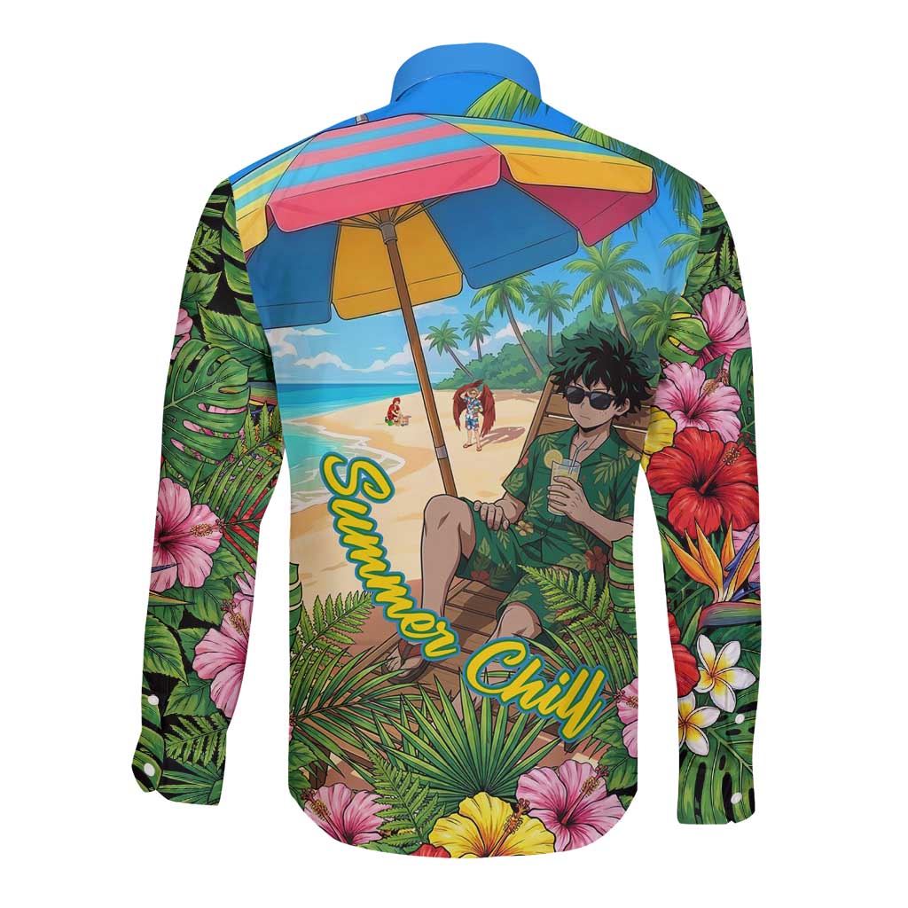 Midoriya Izuku Summer Chill Long Sleeve Button Shirt Tropical Anime Relaxation Scene