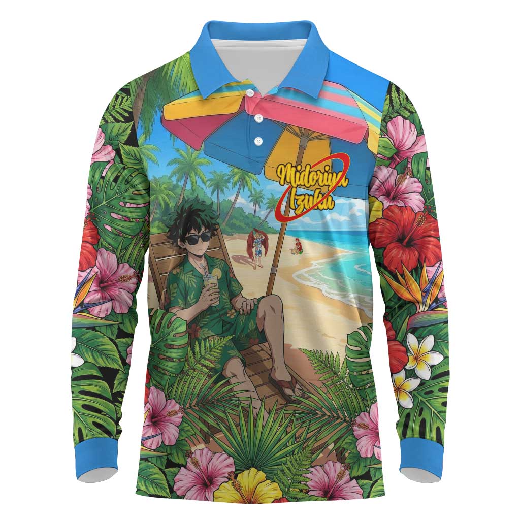 Midoriya Izuku Summer Chill Long Sleeve Polo Shirt Tropical Anime Relaxation Scene