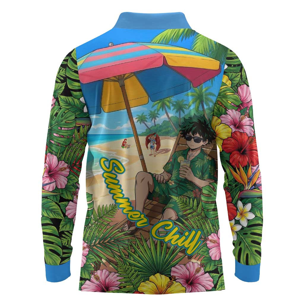 Midoriya Izuku Summer Chill Long Sleeve Polo Shirt Tropical Anime Relaxation Scene