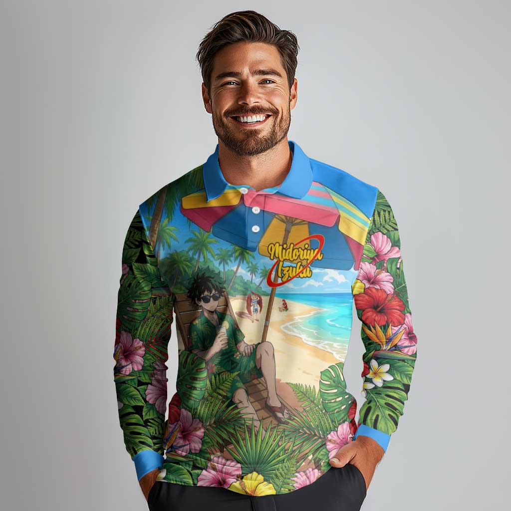 Midoriya Izuku Summer Chill Long Sleeve Polo Shirt Tropical Anime Relaxation Scene
