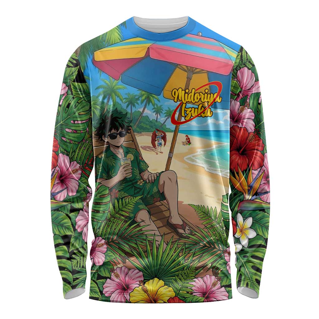 Midoriya Izuku Summer Chill Long Sleeve Shirt Tropical Anime Relaxation Scene