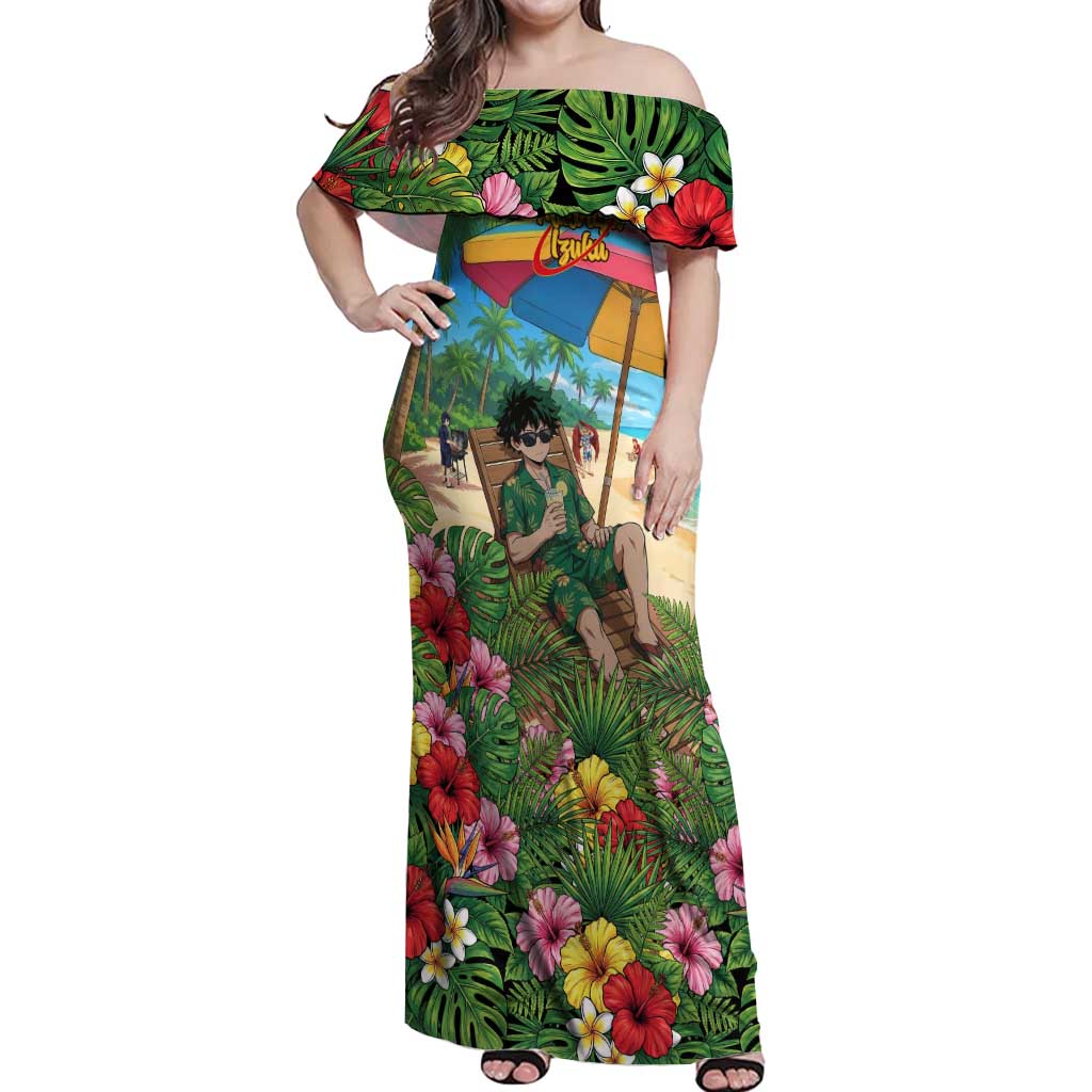Midoriya Izuku Summer Chill Off Shoulder Maxi Dress Tropical Anime Relaxation Scene