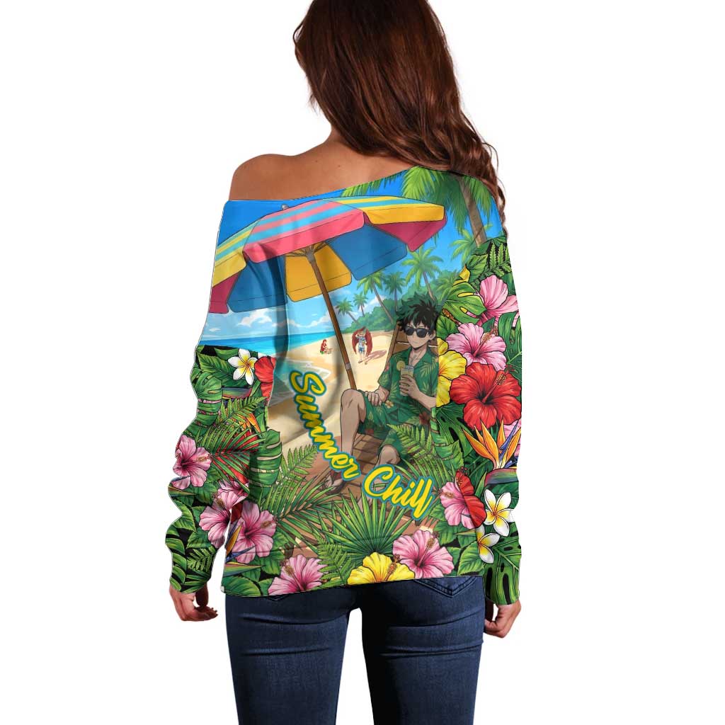 Midoriya Izuku Summer Chill Off Shoulder Sweater Tropical Anime Relaxation Scene