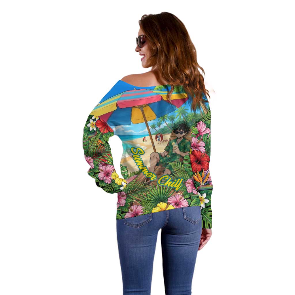 Midoriya Izuku Summer Chill Off Shoulder Sweater Tropical Anime Relaxation Scene