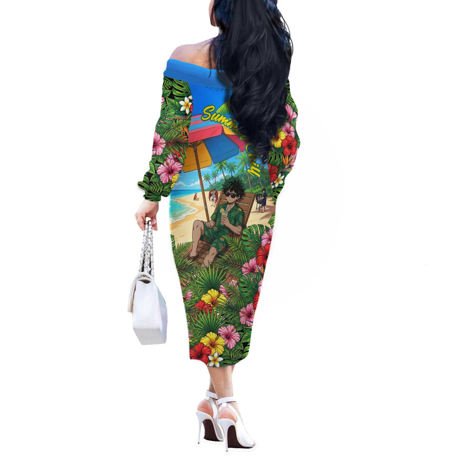 Midoriya Izuku Summer Chill Off The Shoulder Long Sleeve Dress Tropical Anime Relaxation Scene