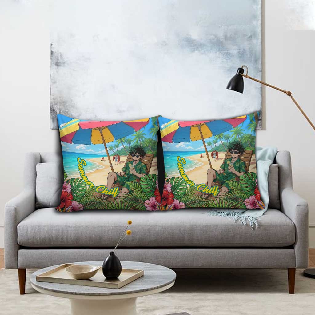 Midoriya Izuku Summer Chill Pillow Cover Tropical Anime Relaxation Scene