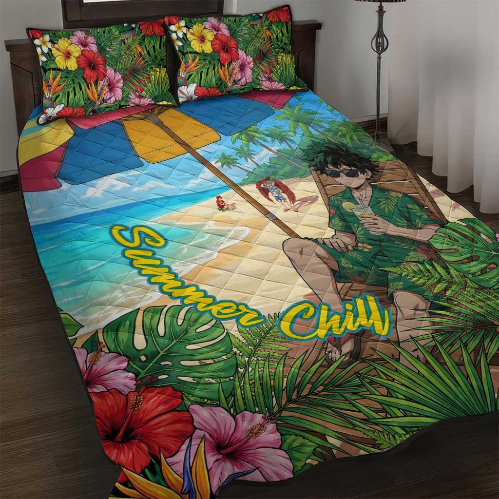 Midoriya Izuku Summer Chill Quilt Bed Set Tropical Anime Relaxation Scene