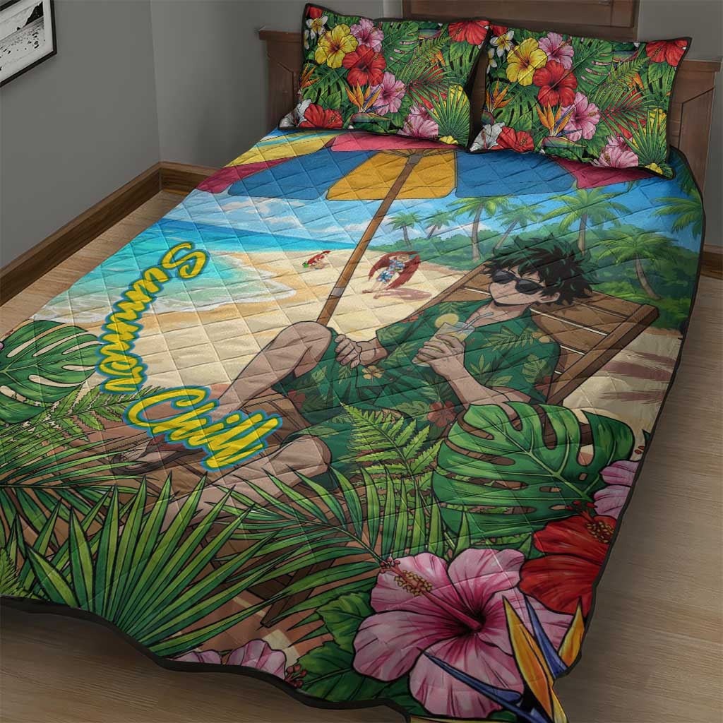 Midoriya Izuku Summer Chill Quilt Bed Set Tropical Anime Relaxation Scene