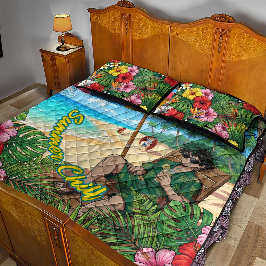 Midoriya Izuku Summer Chill Quilt Bed Set Tropical Anime Relaxation Scene