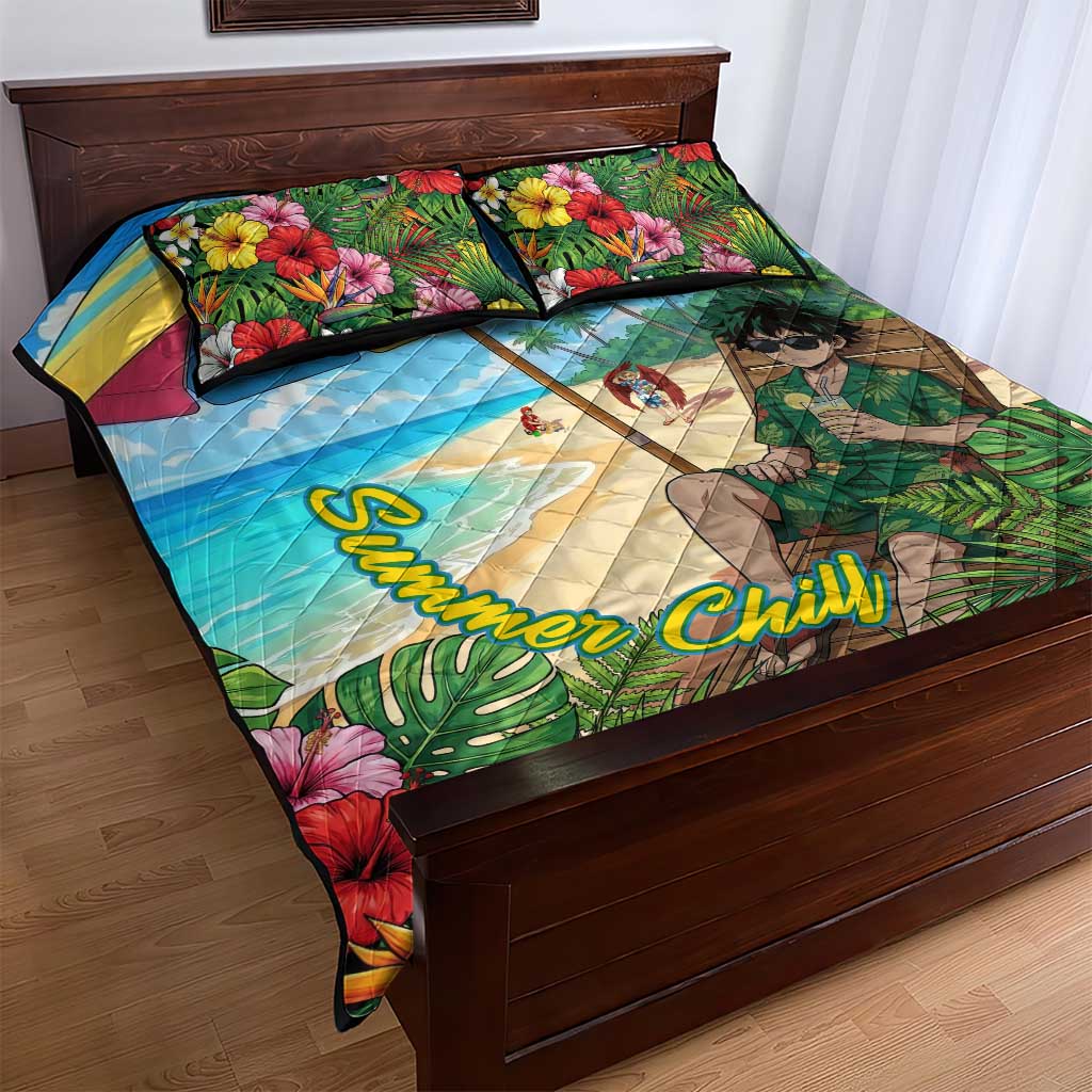 Midoriya Izuku Summer Chill Quilt Bed Set Tropical Anime Relaxation Scene