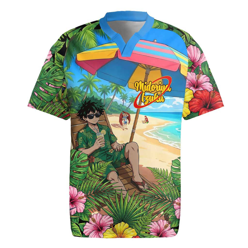 Midoriya Izuku Summer Chill Rugby Jersey Tropical Anime Relaxation Scene