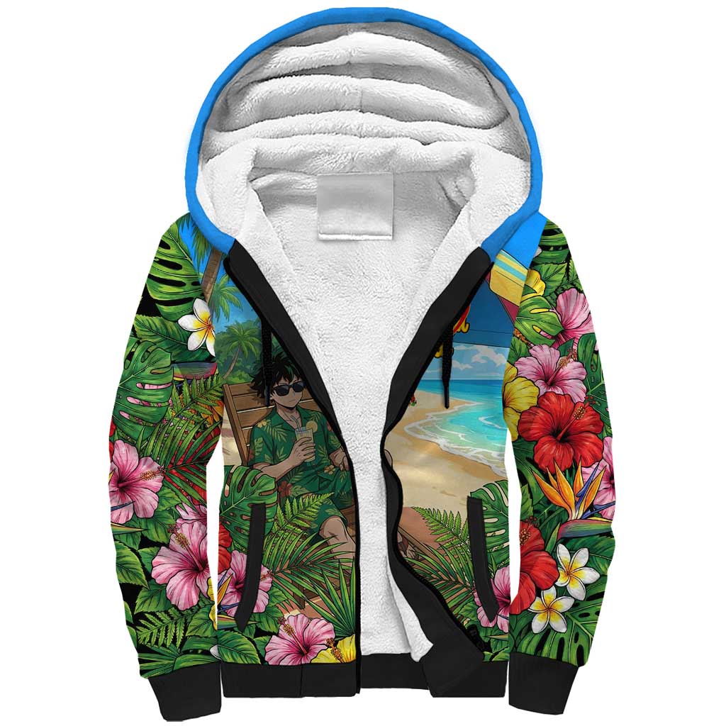Midoriya Izuku Summer Chill Sherpa Hoodie Tropical Anime Relaxation Scene