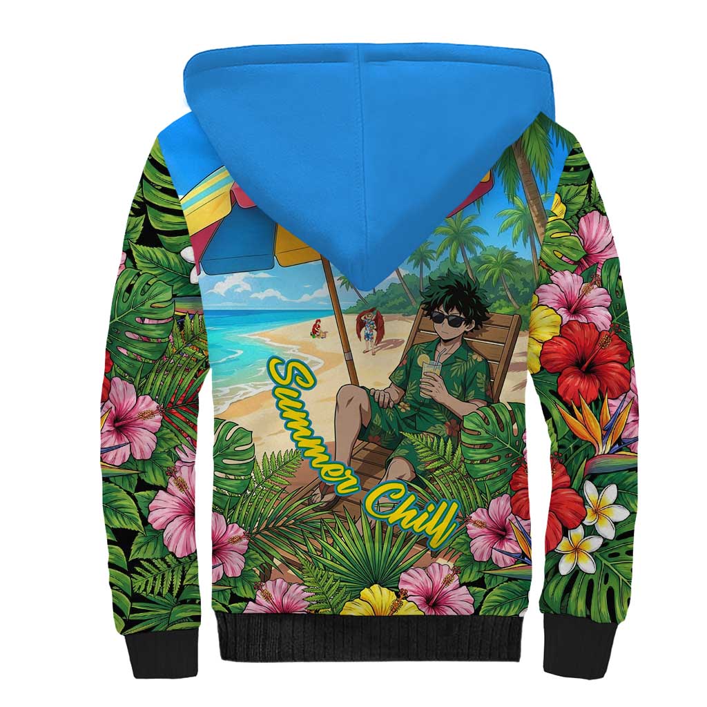 Midoriya Izuku Summer Chill Sherpa Hoodie Tropical Anime Relaxation Scene