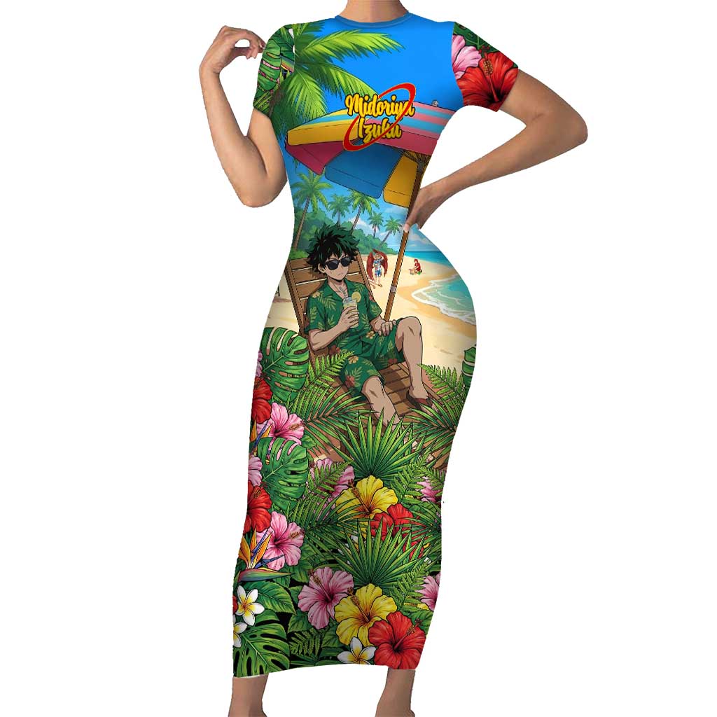Midoriya Izuku Summer Chill Short Sleeve Bodycon Dress Tropical Anime Relaxation Scene