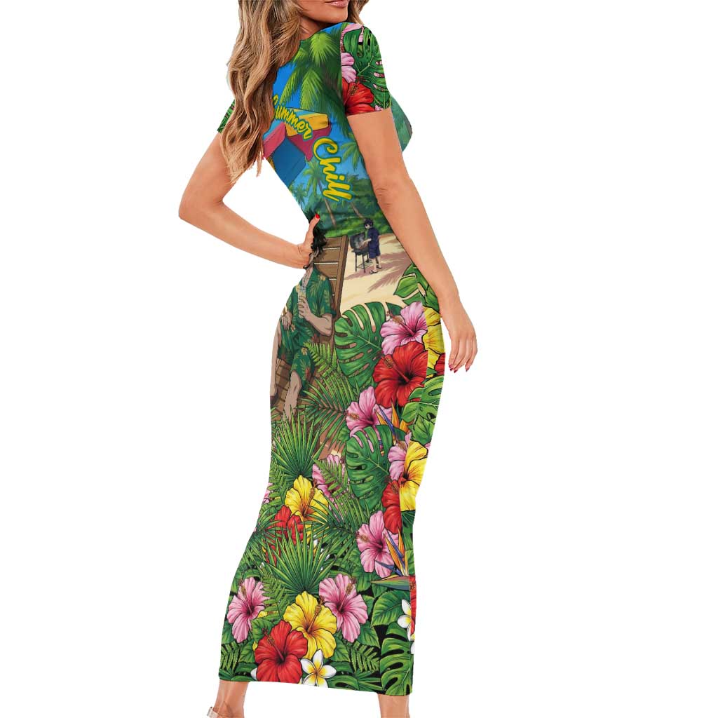 Midoriya Izuku Summer Chill Short Sleeve Bodycon Dress Tropical Anime Relaxation Scene