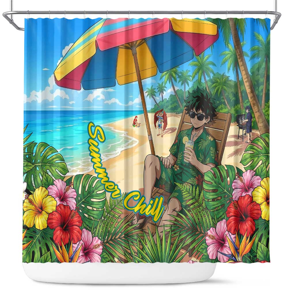 Midoriya Izuku Summer Chill Shower Curtain Tropical Anime Relaxation Scene