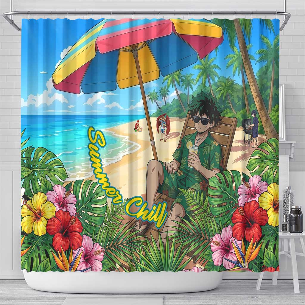 Midoriya Izuku Summer Chill Shower Curtain Tropical Anime Relaxation Scene