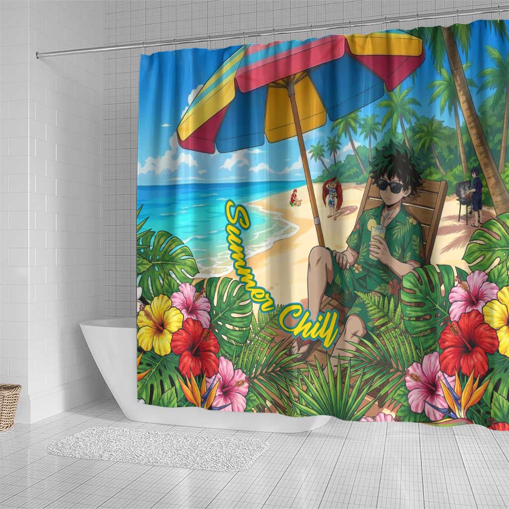 Midoriya Izuku Summer Chill Shower Curtain Tropical Anime Relaxation Scene
