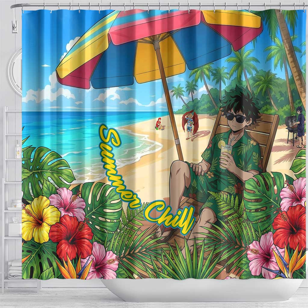 Midoriya Izuku Summer Chill Shower Curtain Tropical Anime Relaxation Scene