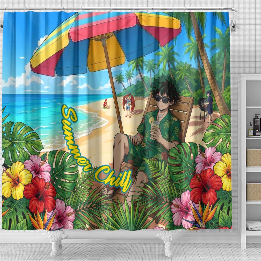 Midoriya Izuku Summer Chill Shower Curtain Tropical Anime Relaxation Scene