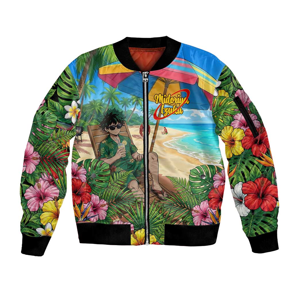 Midoriya Izuku Summer Chill Sleeve Zip Bomber Jacket Tropical Anime Relaxation Scene