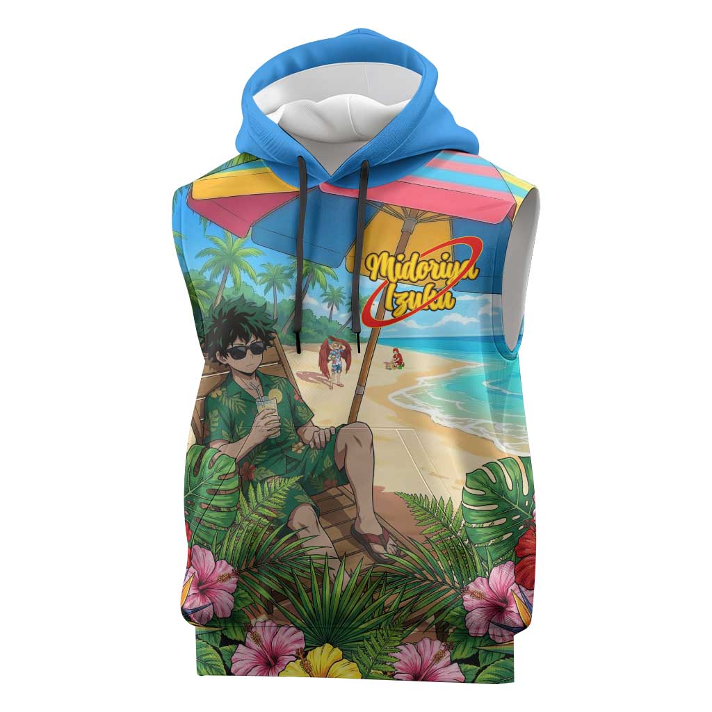 Midoriya Izuku Summer Chill Sleeveless Hoodie Tropical Anime Relaxation Scene