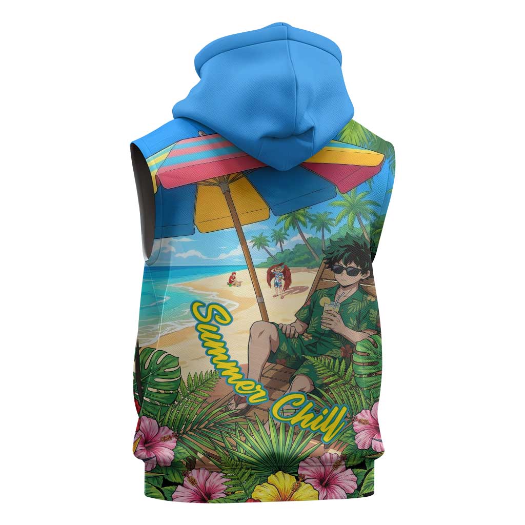 Midoriya Izuku Summer Chill Sleeveless Hoodie Tropical Anime Relaxation Scene