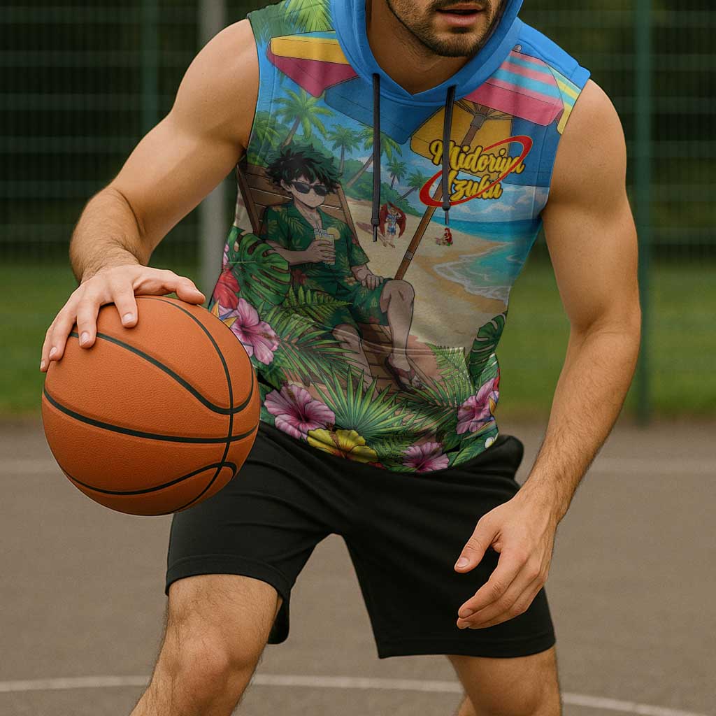 Midoriya Izuku Summer Chill Sleeveless Hoodie Tropical Anime Relaxation Scene
