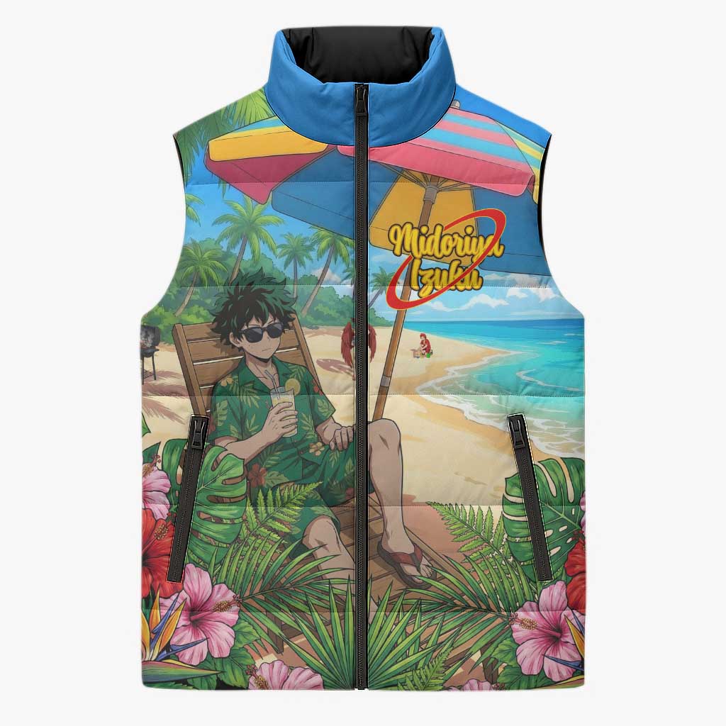 Midoriya Izuku Summer Chill Sleeveless Puffer Jacket Tropical Anime Relaxation Scene
