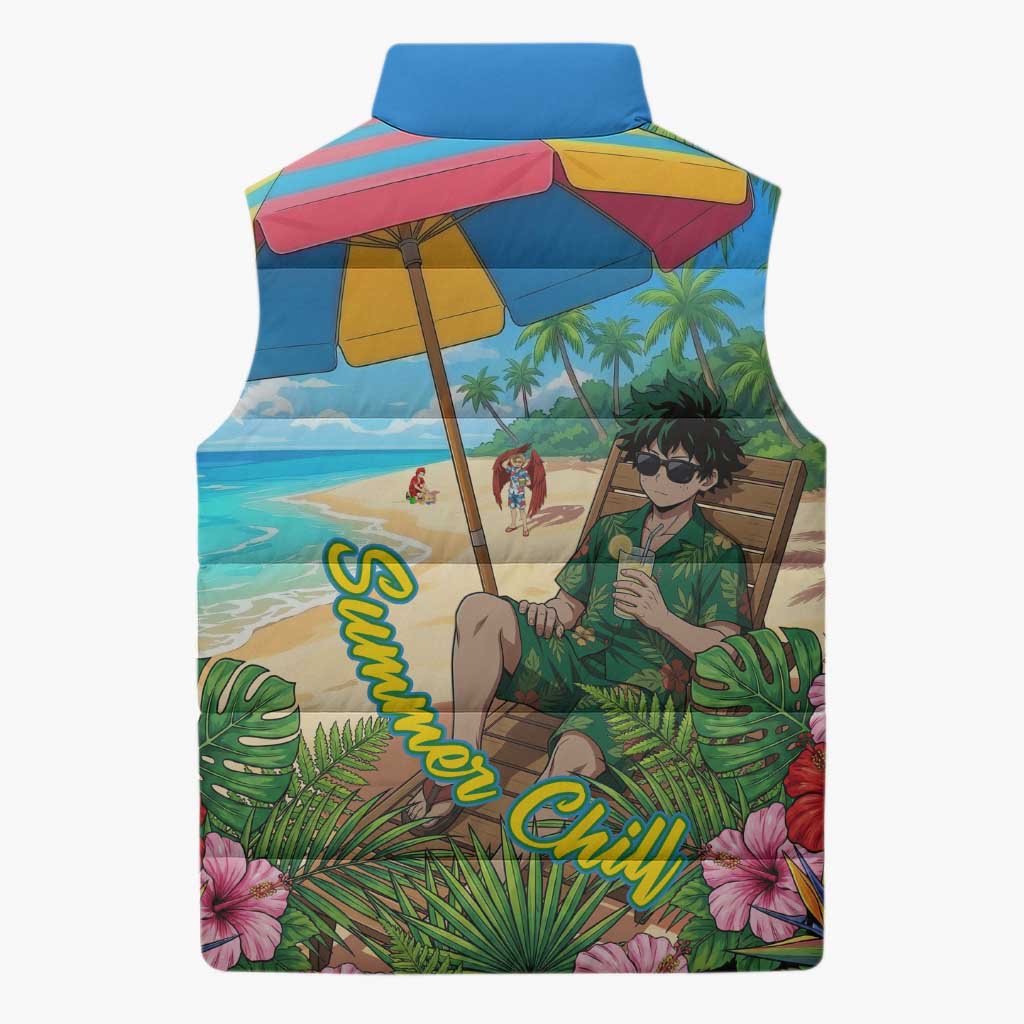 Midoriya Izuku Summer Chill Sleeveless Puffer Jacket Tropical Anime Relaxation Scene
