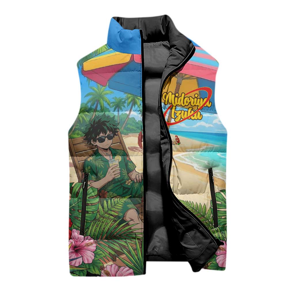 Midoriya Izuku Summer Chill Sleeveless Puffer Jacket Tropical Anime Relaxation Scene