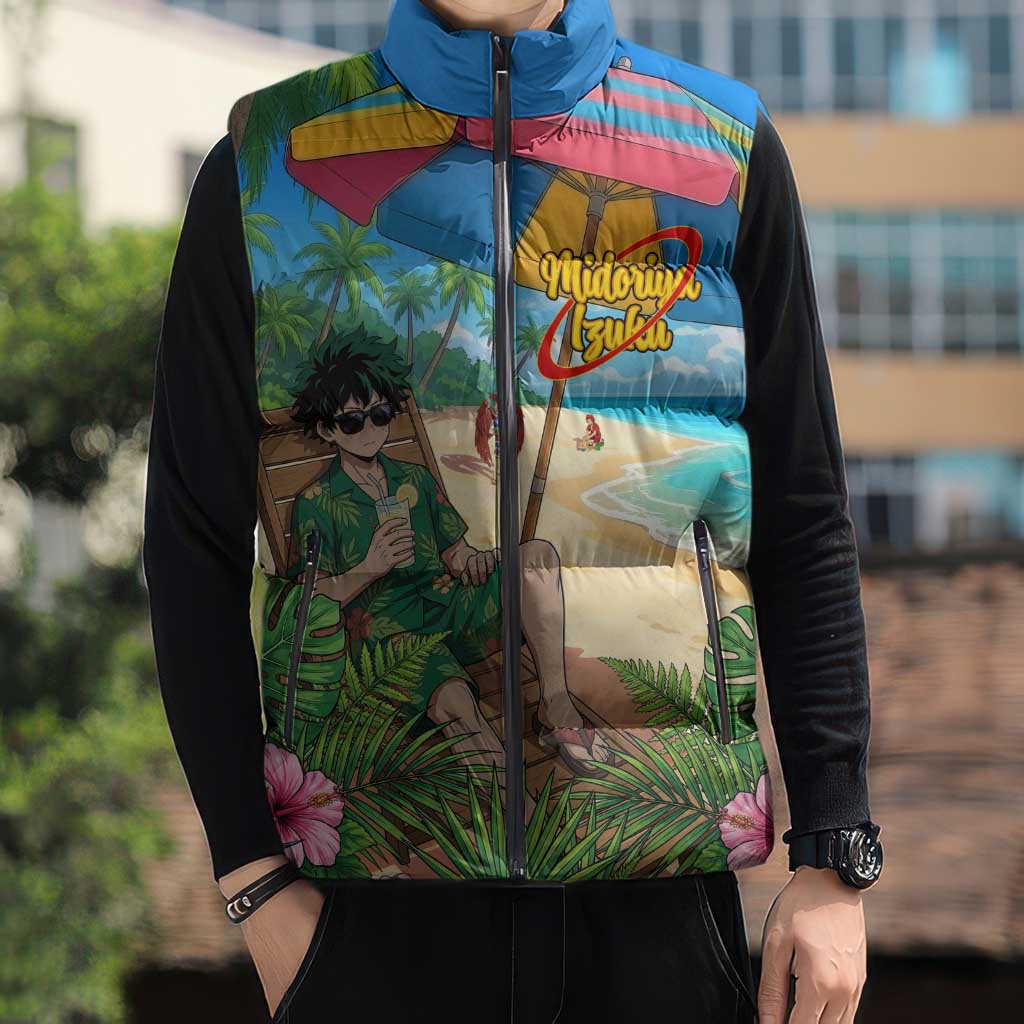 Midoriya Izuku Summer Chill Sleeveless Puffer Jacket Tropical Anime Relaxation Scene