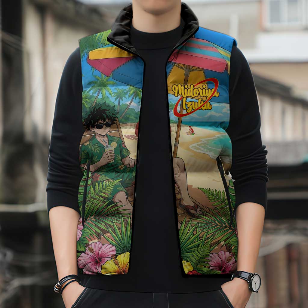 Midoriya Izuku Summer Chill Sleeveless Puffer Jacket Tropical Anime Relaxation Scene