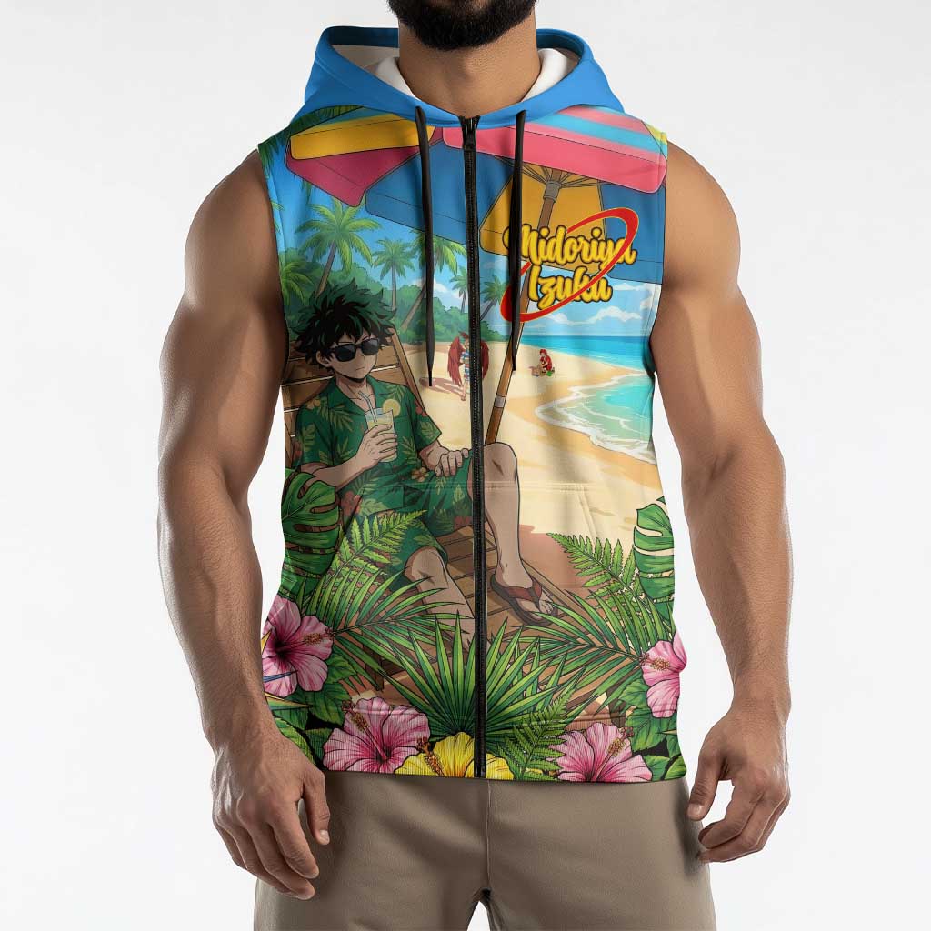 Midoriya Izuku Summer Chill Sleeveless Zip Hoodie Tropical Anime Relaxation Scene
