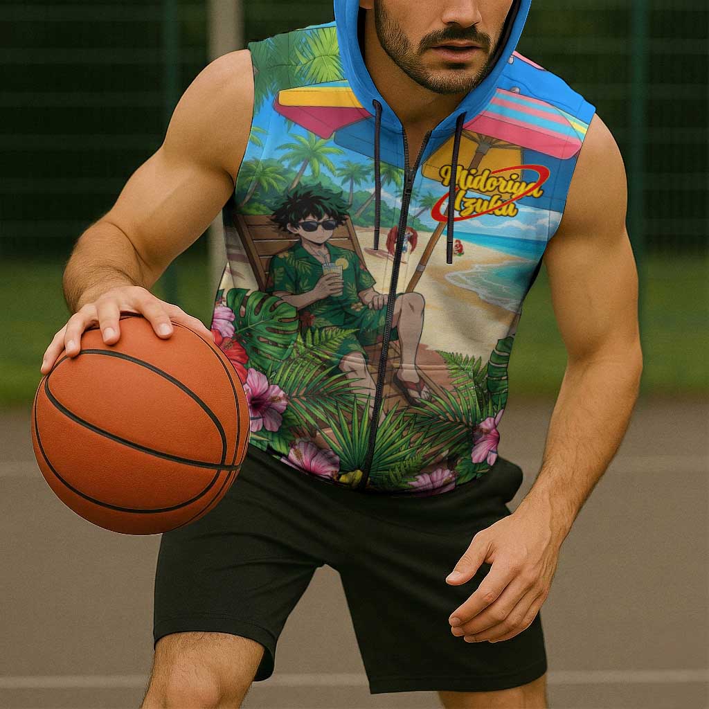 Midoriya Izuku Summer Chill Sleeveless Zip Hoodie Tropical Anime Relaxation Scene