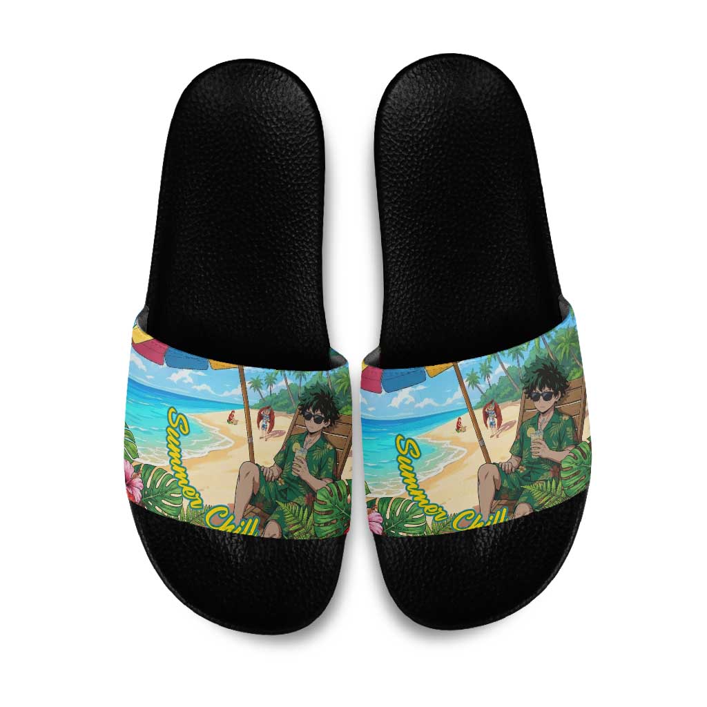 Midoriya Izuku Summer Chill Slide Sandals Tropical Anime Relaxation Scene