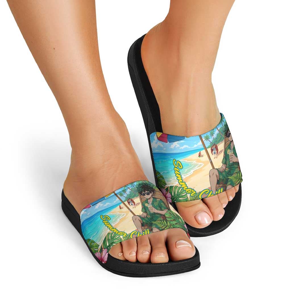 Midoriya Izuku Summer Chill Slide Sandals Tropical Anime Relaxation Scene