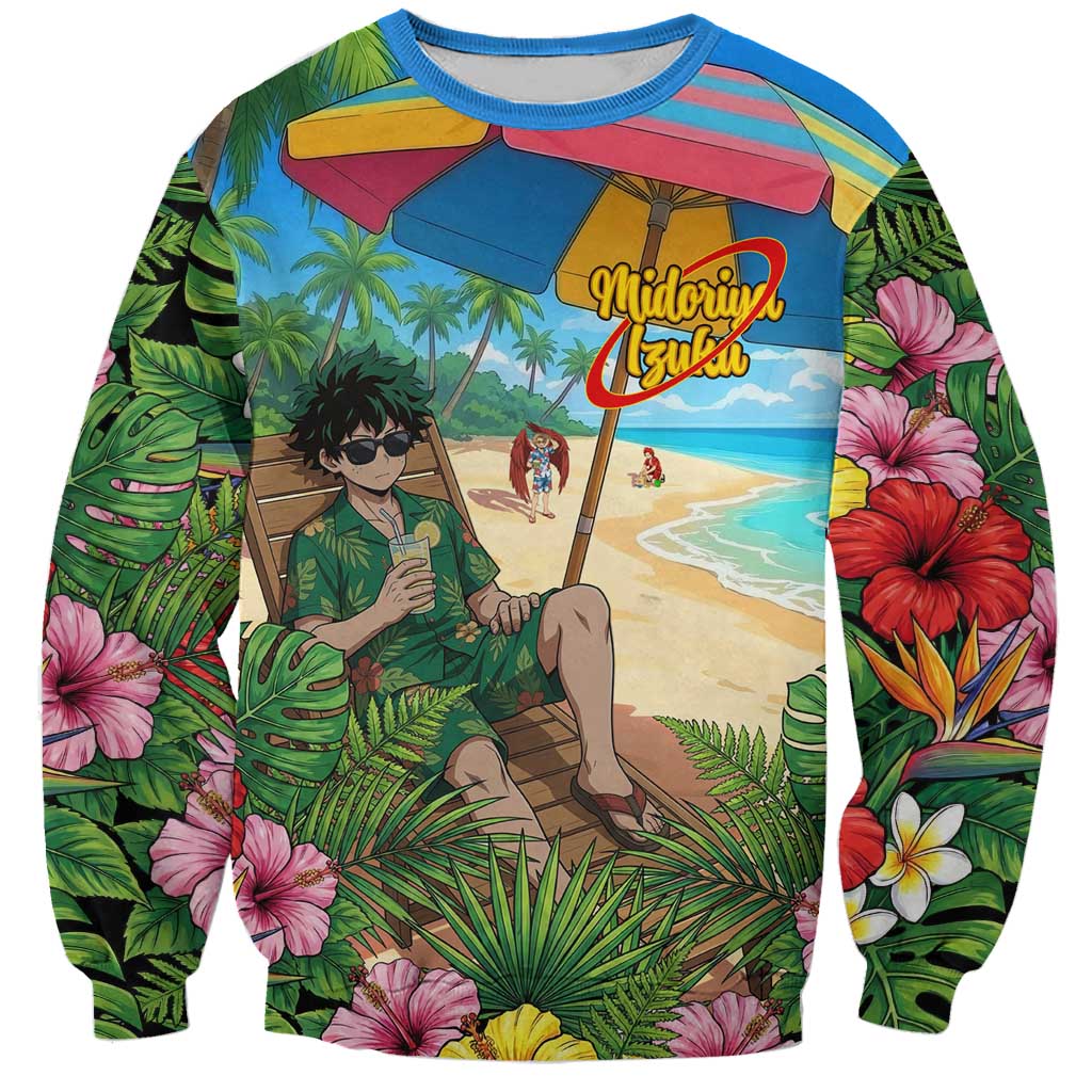 Midoriya Izuku Summer Chill Sweatshirt Tropical Anime Relaxation Scene
