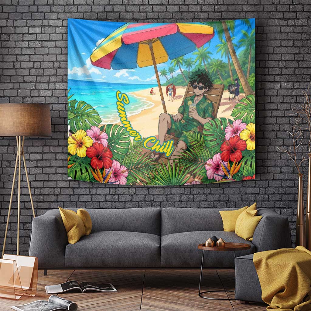 Midoriya Izuku Summer Chill Tapestry Tropical Anime Relaxation Scene