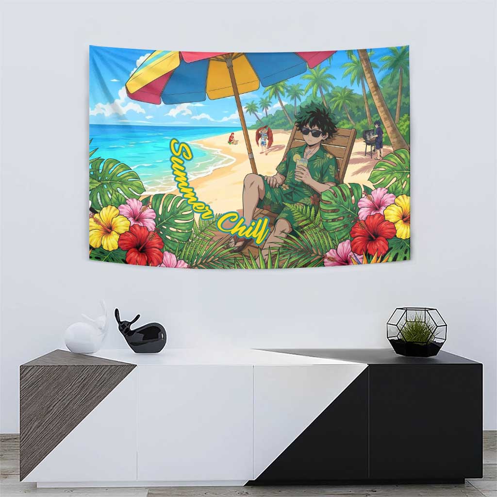 Midoriya Izuku Summer Chill Tapestry Tropical Anime Relaxation Scene