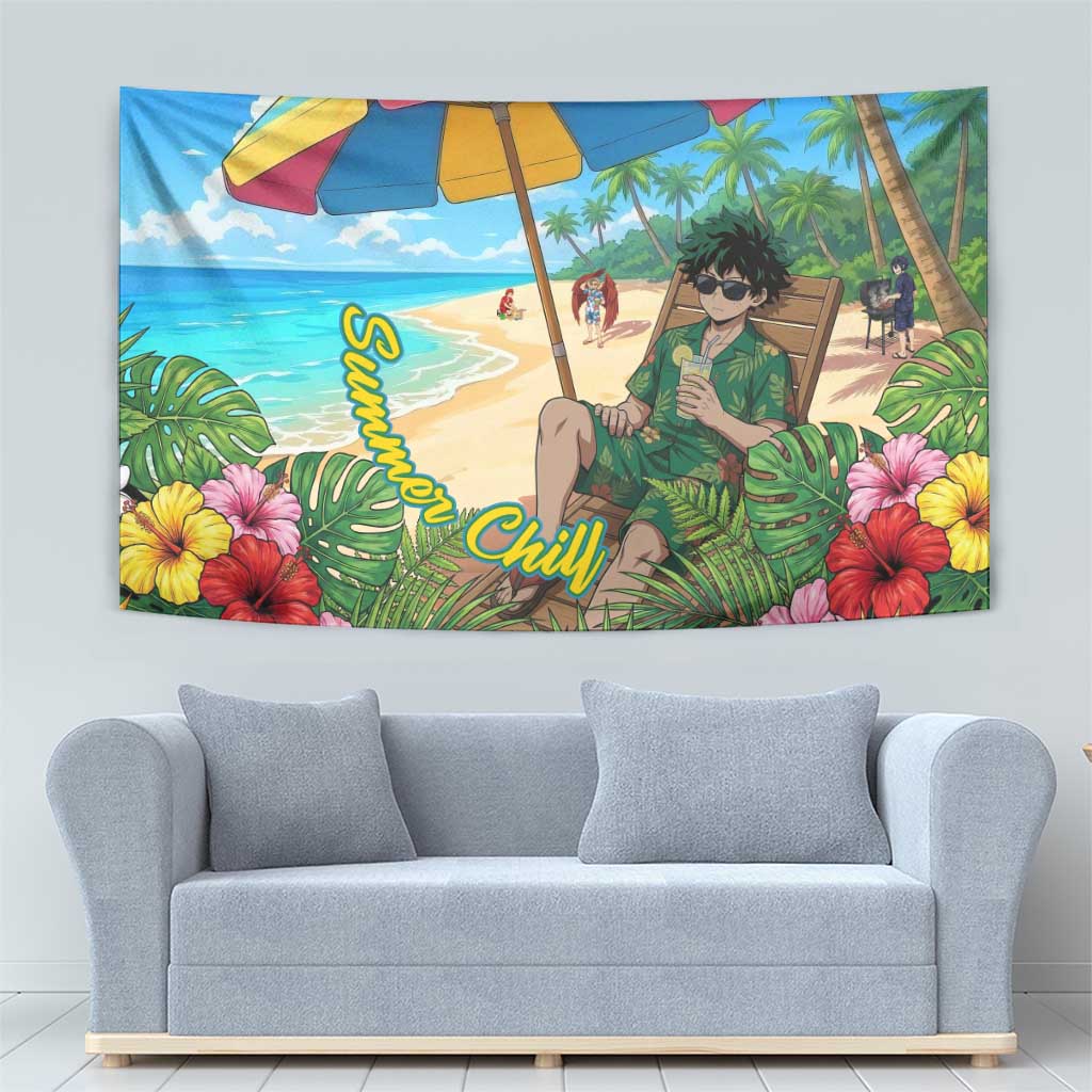 Midoriya Izuku Summer Chill Tapestry Tropical Anime Relaxation Scene
