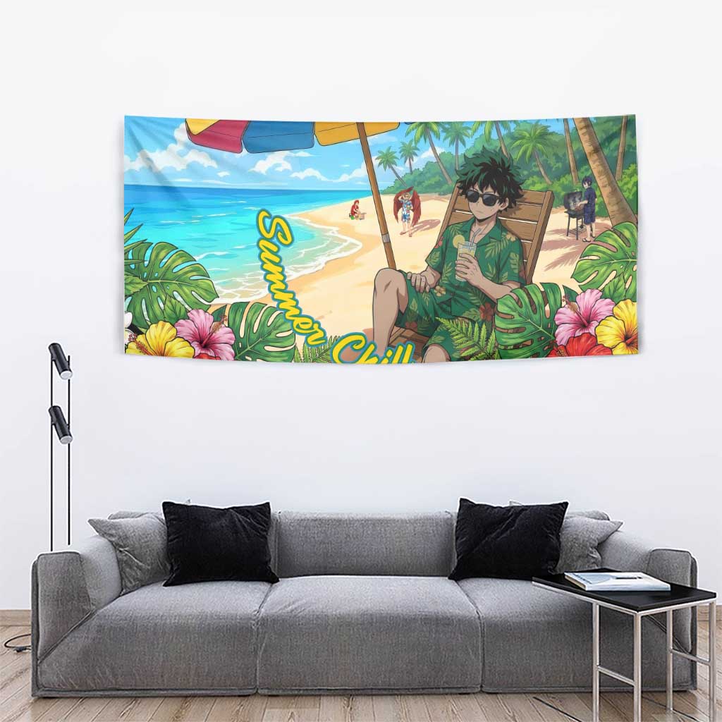 Midoriya Izuku Summer Chill Tapestry Tropical Anime Relaxation Scene