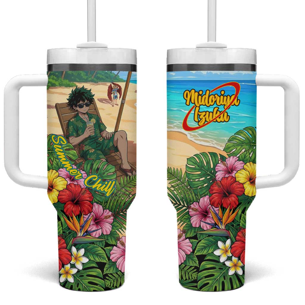 Midoriya Izuku Summer Chill Tumbler With Handle Tropical Anime Relaxation Scene